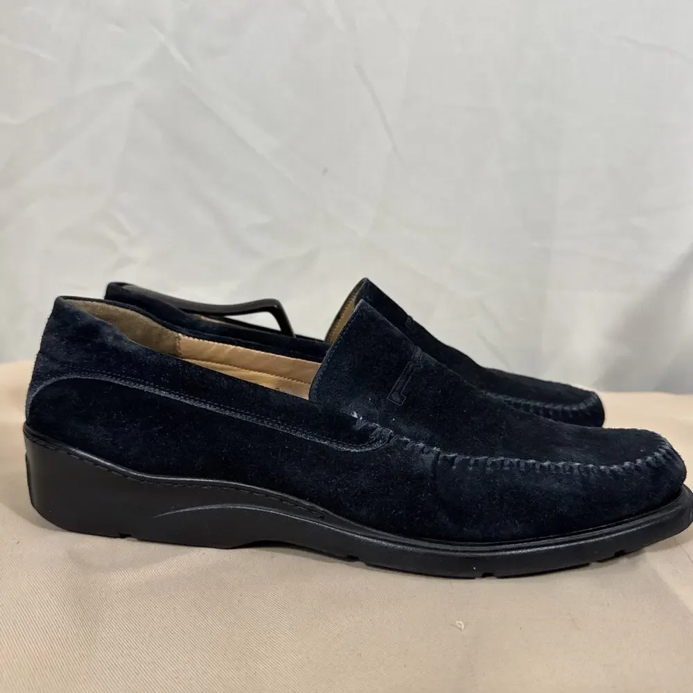 Bruno Magli Men 9.5 Navy Blue Suede Loafers Moc Toe Italian Luxury Shoe Heritage